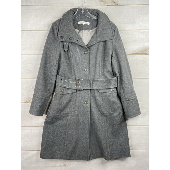 Kenneth Cole Coat Womens Sz 8 Gray Belted Wool Blend Trench Coat Satin Lined - Picture 1 of 15